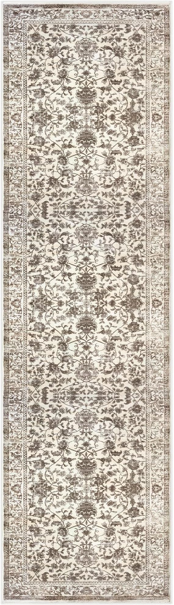 KILOCOCO Hallway Runner 2x7 Rug Runner Printed Vintage Floral Washable Kitchen Runners Non-Slip Rubber Backed Runners for Hallways Laundry Room Distressed Boho Rugs for Entryway Bedroom, Beige/Brown