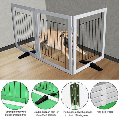 ZJSF Freestanding Dog Gate Indoor, Foldable Dog Fence for Doorways,Hallways or Stairs, Sturdy Wood Extra Wide Pet Gate with Support Feet,Grey,32 "Height-3 Panels
