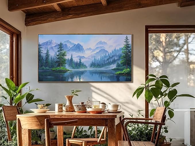 Ardemy Lake Canvas Wall Art for Living Room Large Framed Teal Landscape Pictures Bedroom Wall Decor Textured Misty Forest Scenery Paintings Artwork for Walls Home Office, 48"x24"