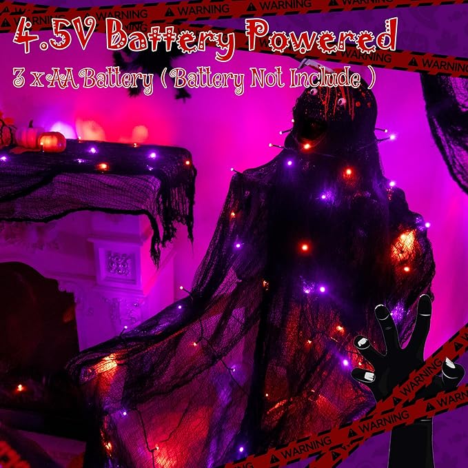 Ollny Halloween Lights with Creepy Cloth, 50LED 16FT Waterproof Orange and Purple String Lights with 8 Lighting Modes Timer, Battery Operated Fairy Lights for Indoor Party Yard Decor