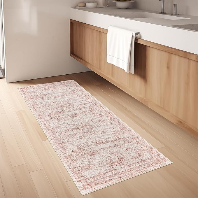 Washable Runner Rugs for Bedroom - 2x6 Runner Rug Non Slip, Ultra-Thin Entryway Runner, Soft Abstract Kitchen Runner for Hallway, Laundry, Bathroom, Indoor Door Mat(2'x6', Pink/Ivory)
