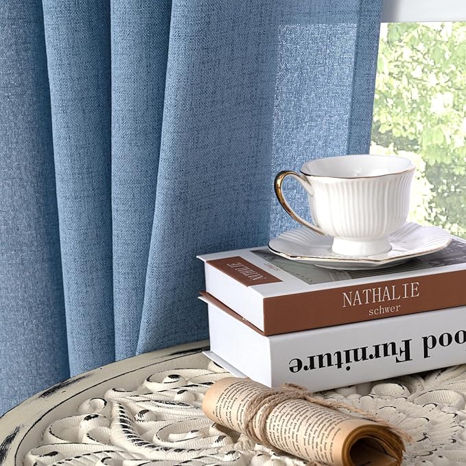YoungsTex Denim Blue Linen Curtains 45 Inches Length for Kitchen Window, Short Light Filtering Drapes with Rod Pocket Back Tab Privacy for Cafe Bathroom Window, 42 x 45 Inch, 2 Panels
