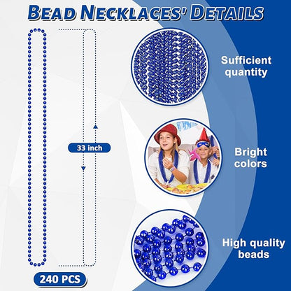 240PCS Beads Necklace, Blue Beaded Necklaces Accessories, 33" Mardi Gras 4th of July Necklace Costume Bulk, Parade Throw Party Accessories for Patriotic Wedding Birthday Events Supplies Decorations