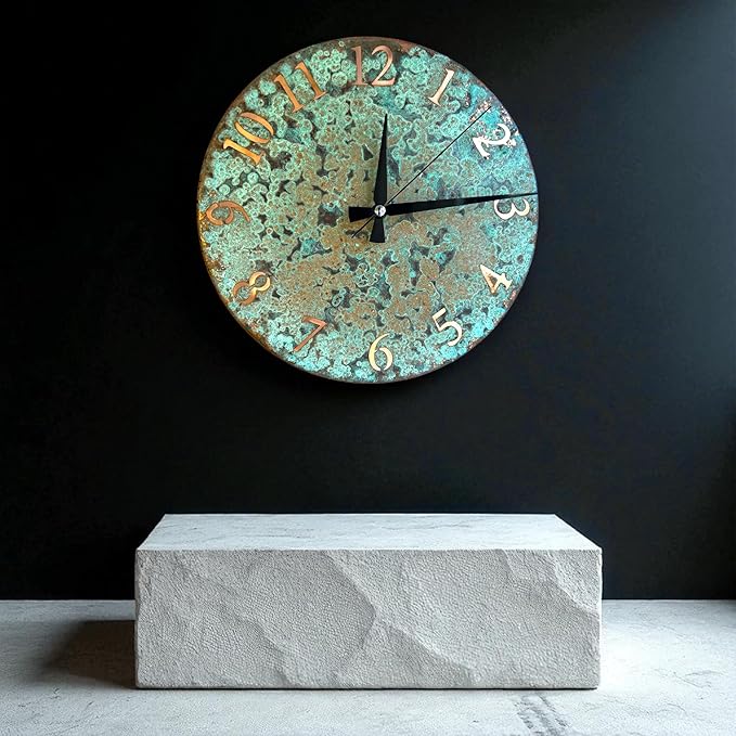 Handmade Pure Copper Wall Clock for Home Decoration, Decor Clock for Living Room, Bedroom and Kitchen, Rustic Decorative Mural Clock Art for Farmhouse (Numbers of Patina, 17.7)