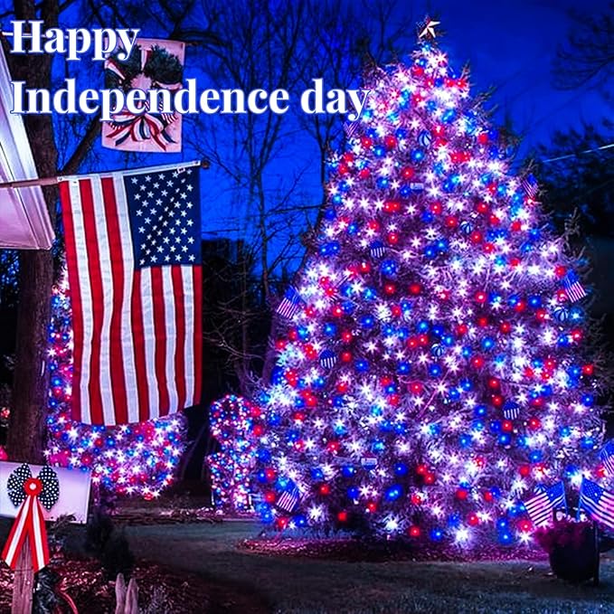 EEW 2 Pack 200 LED Red White and Blue Solar String Lights Outdoor Waterproof, Solar Powered LED Patriotic Lights, Solar Tree Lights for Independence Day Decor 4th of July Memorial Day Decorations