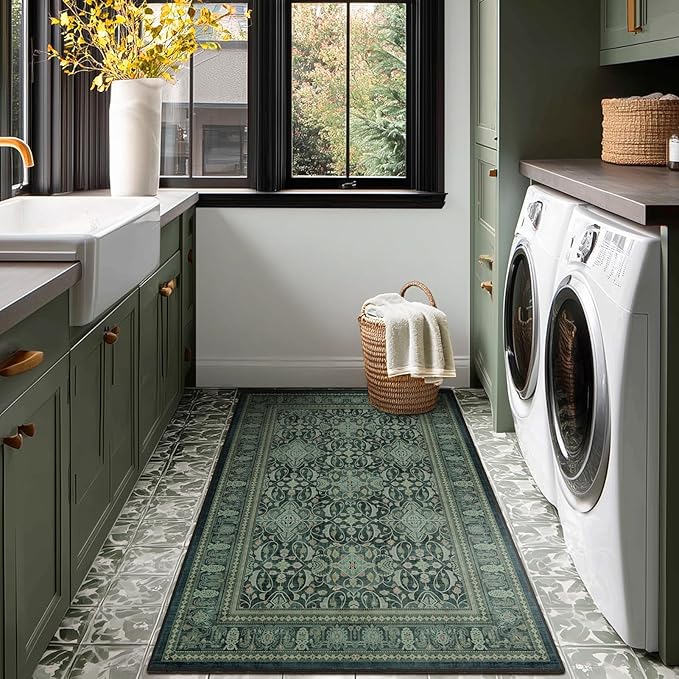 Entryway Rug 3x5 Dark Green, Vintage Boho Floral Moroccan Pattern Printed Throw Rugs for Bedroom Bedside, Low Pile Thin Non Slip Washable Area Rug for Kitchen Foyer Mudroom Dorm