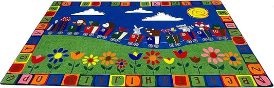 On The Train Kid's Rug 6' x 8'6", Multicolored Rectangle Kid Educational Learning Rug for School, Classroom, Learning Numbers & Alphabets for Kids Playroom