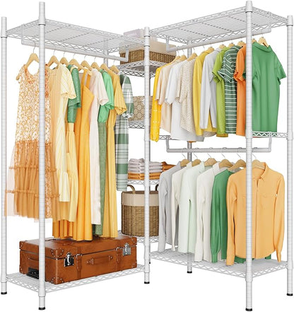 LEHOM G6M Heavy Duty Clothes Rack for Hanging Clothes, Portable Garment Rack Compact Size Closet Organizer, Freestanding Metal Clothing Rack Wardrobe Closet with Storage Shelves for Bedroom, White
