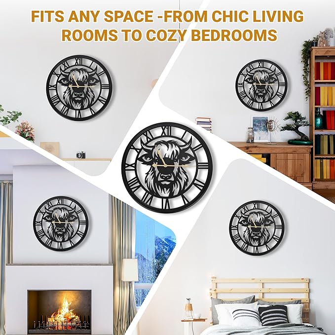 20inch Wall Clock,Large Wall Clocks for Living Room Decor,Farmhouse Black Metal Decorative Wall Clock,Wall Clocks Battery Operated for Bedroom,Kitchen(Highland Bull Wall Clock, 20 Inch)