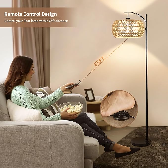 Arc Rattan Floor Lamp for Living Room with 3 Color Temperatures,Farmhouse Floor Lamps with Remote & Dimmable Bulb,Boho Standing Lamp with Wicker Shades,Adjustable Tall Lamp for Bedroom Office Reading
