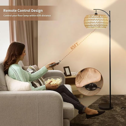 Arc Rattan Floor Lamp for Living Room with 3 Color Temperatures,Farmhouse Floor Lamps with Remote & Dimmable Bulb,Boho Standing Lamp with Wicker Shades,Adjustable Tall Lamp for Bedroom Office Reading