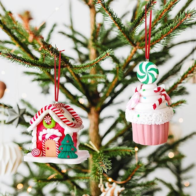 Set of 2 Christmas Tree Decorations, Candy House & Ice Cream Christmas Ornaments, Claydough Xmas Hanging Decor for New Year Party Wedding Home