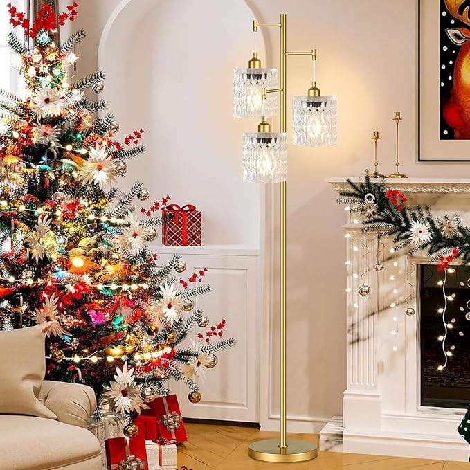 Gold Floor Lamp for Living Room,Modern Floor Lamps with Transparent Glass Shades,68IN Tall Mid Century Standing Lamp with Bulbs,3 Lights Vintage Tree Floor Lamps for Bedroom Corner Office