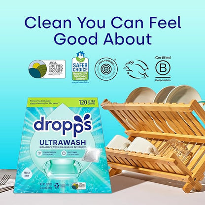 Dropps UltraWash Dishwasher Pods, Fresh Rain (120 Count) - Biobased Power Deep Clean Dishwasher Detergent Tablets for Sparkling Shiny Dishes - No Rinse Aid or Pre-Wash Needed - Dishwashing Pods