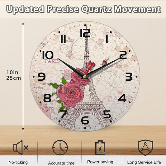 Vintage Eiffel Tower Wall Clock Vintage Wooden Wall Clock Silent Non-Ticking Battery Operated Arabic Numerals Wall Clocks Decorative for Kitchen, Office, Classroom 10 Inch