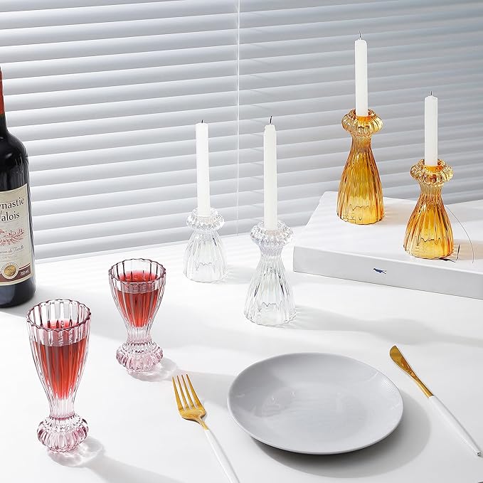 Lysenn Glass Candle Stick Holder Set of 3 – Premium Taper Candle Holders for Romantic Ambiance - Candle Sticks Holder Decor for Special Occasions - Amber