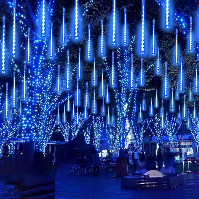 Solar Meteor Shower Lights Outdoor Waterproof, Christmas Lights Solar Powered Decorations, 16 Tubes 384LED Icicle String Light, Falling Raindrop Light for Christmas Xmas Tree Party Garden Decor(Blue)