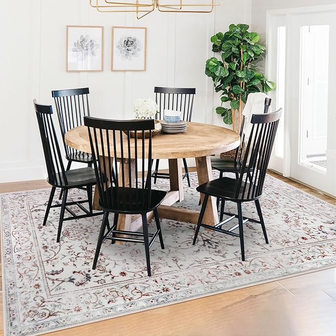 KILOCOCO Area Rug 5x7 Living Room Rug Washable Printed Vintage Floral Non Slip Soft Rubber Backed Indoor Bedroom Rugs for Laundry Room Kitchen Playroom Moroccan Area Rugs, White