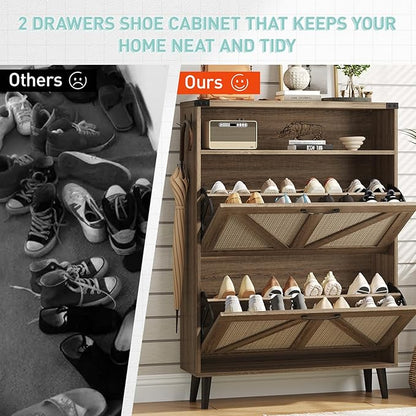 Vabches Shoe Storage Cabinet with 2 Flip Drawers,Freestanding Narrow Shoe Organizer with Open Storage,Hidden Slim Shoe Rack Cabinet for Entryway,Rustic Oak Rattan (2 Pack)