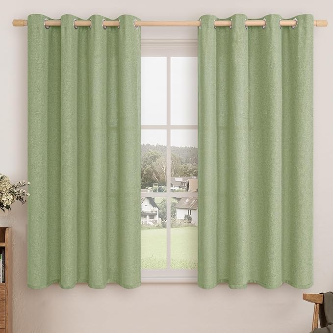 LAMIT Sage Green Linen Curtains for Bedroom, 54 inches Grommet Thermal Insulated Thick Farmhouse Curtains Noise Reducing Window Treatment Drapes for Living Room, Set of 2 Panels, W52 x L54