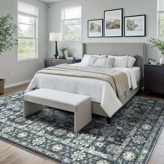 Washable 5×7 Area Rug for Living Room, Vintage Floral Rug Soft Non Slip Stain Resistant Boho Carpet for Indoor Bedroom Dinning Room Home Office Blue/Navy