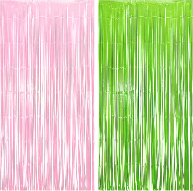 BRAVESHINE Party Streamers Backdrop - 2 Pack 3.2ft X 8.2ft Tinsel Foil Fringe Curtains for Christmas/Fairy/Girl/Birthdays/Wizard/Bridal Shower/Photos Booths/Pink and Green Party Decorations