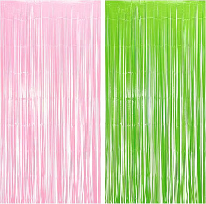 BRAVESHINE Party Streamers Backdrop - 2 Pack 3.2ft X 8.2ft Tinsel Foil Fringe Curtains for Christmas/Fairy/Girl/Birthdays/Wizard/Bridal Shower/Photos Booths/Pink and Green Party Decorations