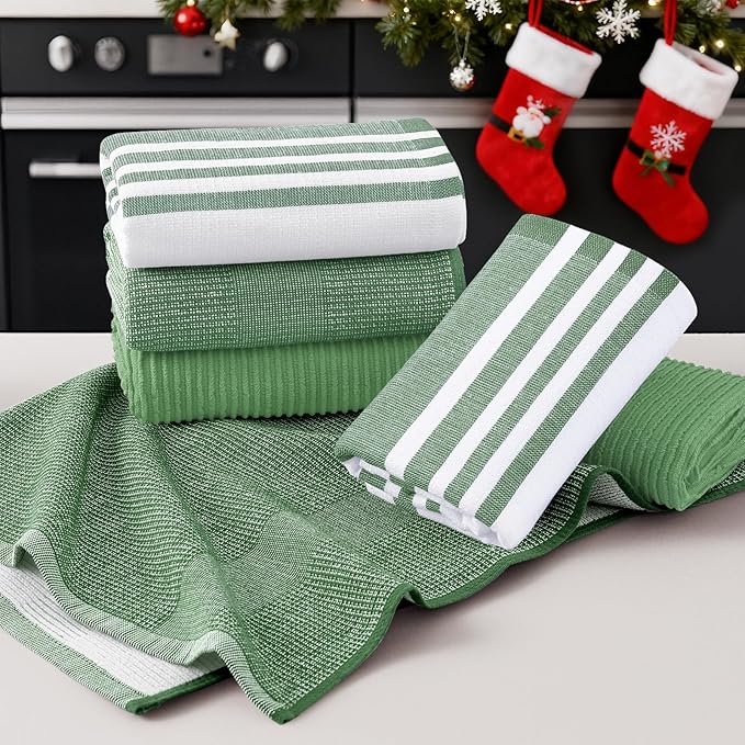Homaxy Premium Kitchen Towels(18”x 28”, 12 Pack), Large Cotton 380 GSM Kitchen Hand Towels, Soft and Absorbent Terry Dish Towels, Multipurpose Tea Towel Set with Hanging Loop, Grass Green