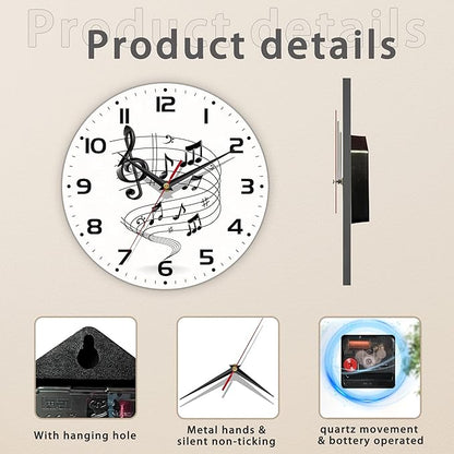 Music Notes Wall Clocks Wooden Wall Clock Art Hanging Clocks Silent Non-Ticking Wall Clock Battery Operated Round Home Arabic Numeral Decorative Wall Clocks 10 Inch
