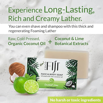 "Coco Fiji Soap Bar for Face and Body Infused With Organic Coconut Oil, Coconut Lime, Essential Oil, Natural Soap for Moisturizing & Pore Purifying Skin, 7 oz, Pack Of 3 "