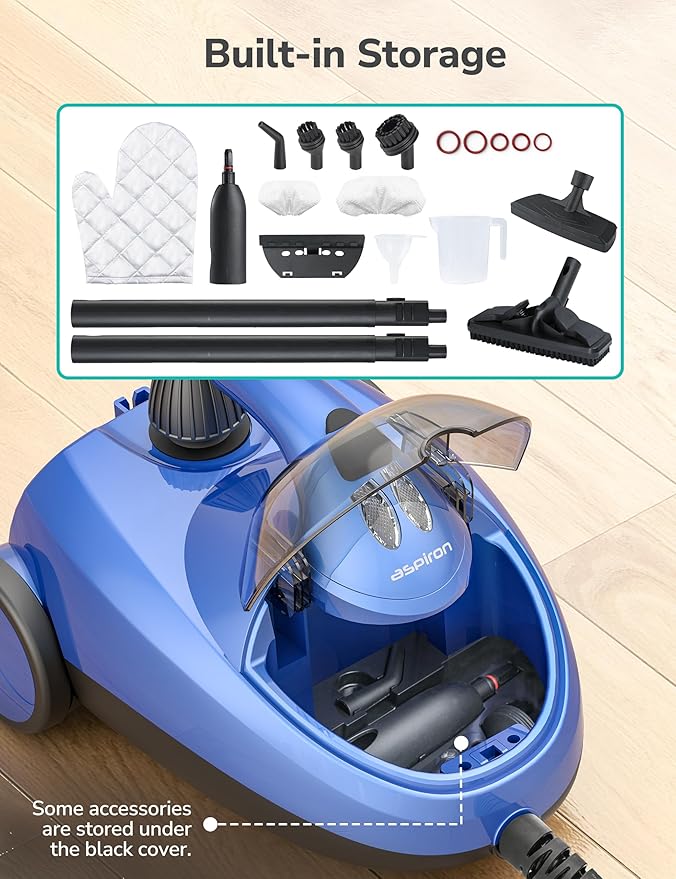 Aspiron Steam Cleaner, 80PSI 293°F Multipurpose Heavy Duty Canister Steamer,Built-In Storage, Handheld Steam Mop for Home Car Upholstery Bed Furniture Carpet Bathroom Tile Grout Floor Cleaning, Blue