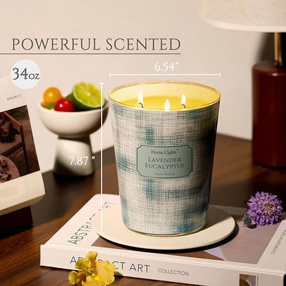 HomeLights Scented Candles | Large Jar 34 Oz Natural Soy Candle | 130 hrs Long-Lasting with 3 Wicks | Scandinavian Minimalist Design Home Decor | Gifts for Mom & Women, Lavender Eucalyptus