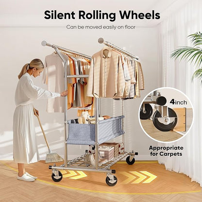 HOKEEPER Clothing Rack Heavy Duty Clothes Rack for Hanging Clothes Load 625LBS Extendable Double Rod Clothes Rack, Adjustable Rolling Garment Rack with Wheels, Basket & Shelves 71.2''W*23.6''D*68.5''H