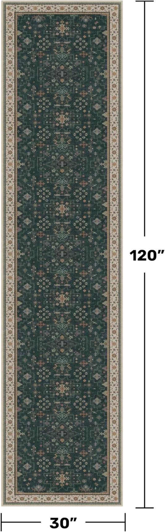 Dark Green Washable 2'6"x10' Long Runner Rugs for Hallway, Non Skid 10ft Indoor Rugs for Entryway, Stain Resistant Low Pile Carpet Boho Indoor Décor