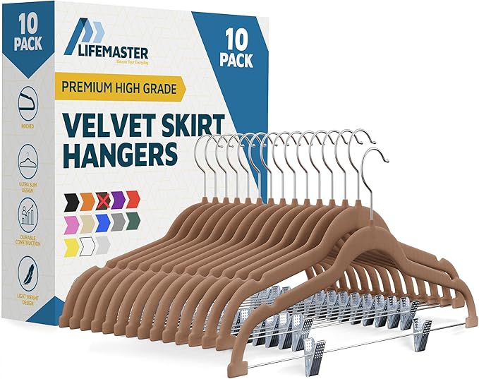 Velvet Skirt Hangers – with Adjustable Clips, 360 Degree Swivel Hook, and Non-Slip Shoulder Notch, Holds Up to 10 lbs, for Organizing Skirt, Pants, Dress, and Clothes, Pack of 10, Brown