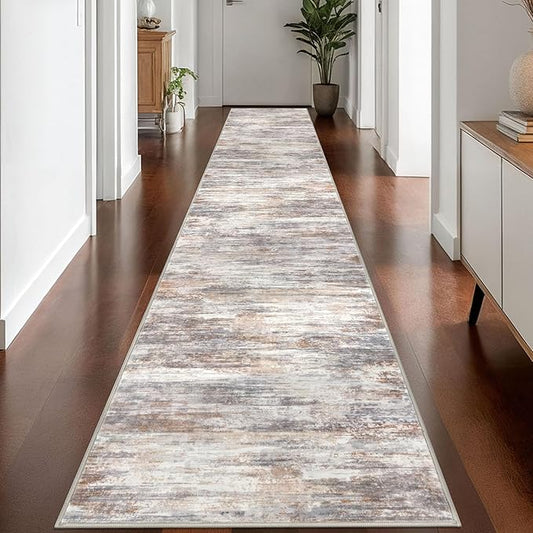 KOZYFLY Modern Abstract Washable Rug Runner 2.6x16 Hallway Rug Runner Non-Slip Soft Kitchen Runner Rugs, Multi Grey Striped Carpet for Stair Entryway Bathroom Laundry Room Foyer