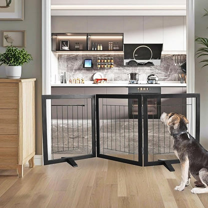 ZJSF Freestanding Dog Gate Indoor, Foldable Dog Fence for Doorways,Hallways or Stairs, Sturdy Wood Extra Wide Pet Gate with Support Feet,Black,24 "Height-3 Panels