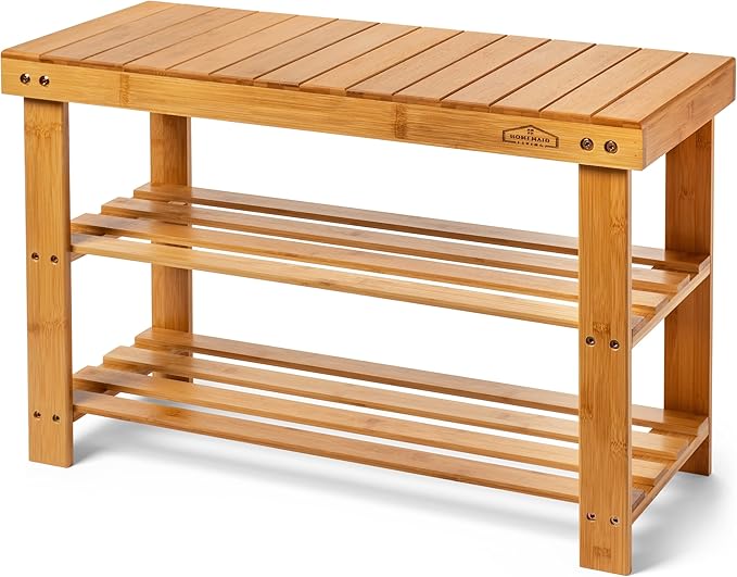 Homemaid Living Bamboo 3 Tier Shoe Rack Bench, Premium Organizer or Entryway Bench, Perfect for Shoe Cubby, Entry Bench, Bathroom Bench, Entryway Organizer, Hallway or Living Room(Natural Bamboo)