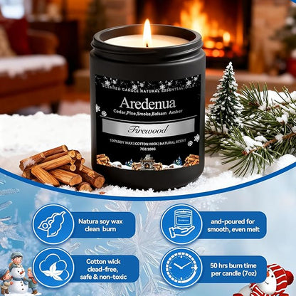 Firewood Candle – Winter Candles | Holiday Scented Candles, 7oz Jar Soy Candle for Home Scented - 50H Burn - Smoky Fireplace Cozy & Warm Scent, Christmas Gifts for Women & Men, Rustic Holiday Décor