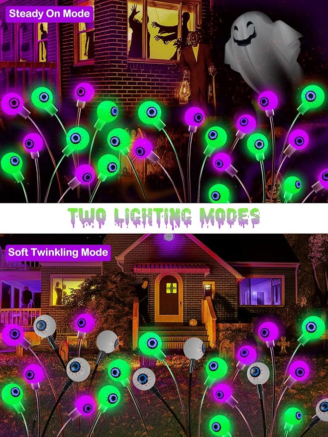 6 Pack Halloween Decorations Outdoor Solar Eyeball Lights, Purple and Green Scary Eyeball Swaying Firefly Lights with 2 Modes, Waterproof Halloween Pathway Lights for Yard Garden Lawn Party Decor