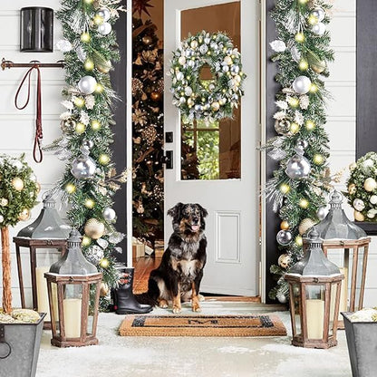 WANNA-CUL Pre-Lit 30 Inch Large Christmas Wreath for Front Door with 50 Led Lights,Champagne Gold Lighted Christmas Door Wreath Decor with Ball Ornaments, Battery Operated