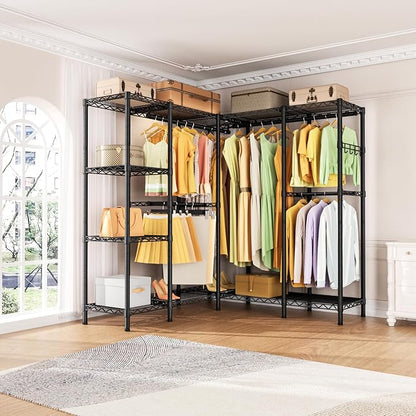 Heavy Duty Garment Rack Clothes Rack,Large Metal Closet Organizer System Storage Wardrobe,Freestanding Clothing Rack with Adjustable Wire Shelves& Hang Rods,MaxLoad 1100lbs