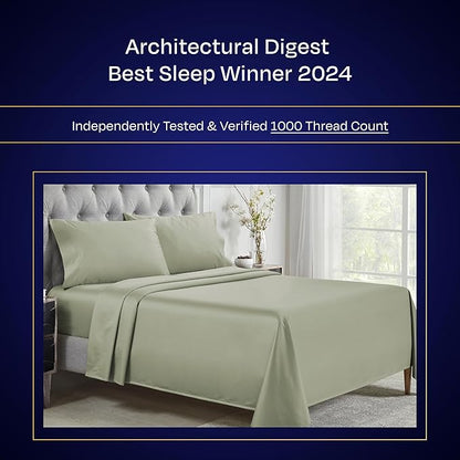 California Design Den Thick and Natural 100% Cotton Bed Sheets King Size Set - Luxury 1000 Thread Count Sateen, Deep Pocket Sheet & Pillowcase Sets, Soft, Breathable and Durable Bedding - Sage Green