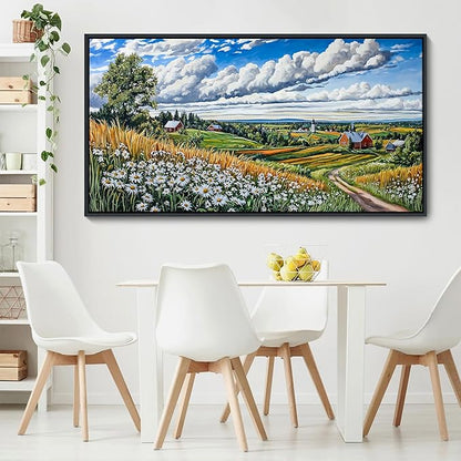 HKDGOKA Large Wall Art Living Room, Mountains Flower Landscape Blue Sky Clouds Landscape Canvas Paintings Cottage Framed Artwork for Bedroom Office Kitchen Room Wall Pictures Decor 29x58 IN