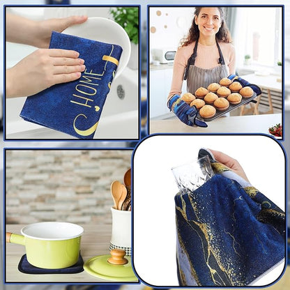 10 Pcs Christmas Marble Farmhouse Kitchen Decor Accessories Set Marble Kitchen Dish Towels Rugs Oven Mitts and Pot Holders Sets for Cooking Baking Daughter Mom Gift(Blue)