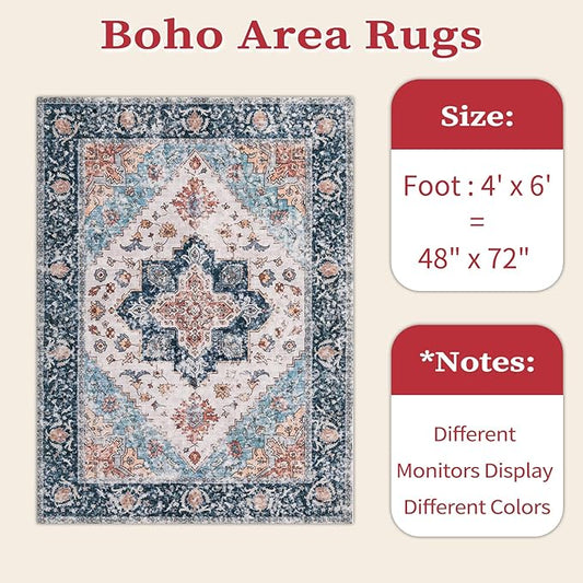 SERISSA 4x6 Boho Rug, Vintage Washable Non Slip Area Rug, Blue/Orange, 4' x 6' (Rectangular), Low Pile, Machine Made, Polyester