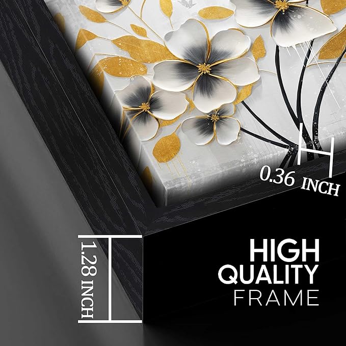 Large White and Yellow Flower Canvas Wall Art With Black Wood Frames for Living Room Bedroom Home Office Modern Grey Canvas Prints Framed Wall Art Size 30x60