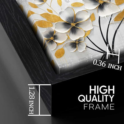 Large White and Yellow Flower Canvas Wall Art With Black Wood Frames for Living Room Bedroom Home Office Modern Grey Canvas Prints Framed Wall Art Size 30x60