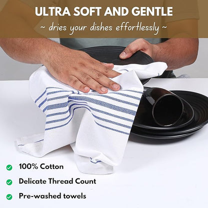 Native Fab Blue Kitchen Dish Towels 16"x26" Set of 12 Herringbone Weave - Scandia Stripe 100% Cotton Tea Towels, Dishcloths, Absorbent Reusable Hand Towels with Hanging Loop - Blue White