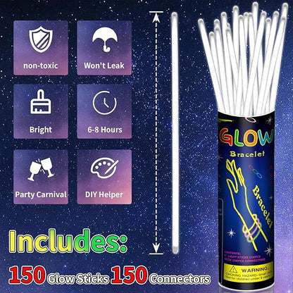 150 Pack 8” White Glow Sticks Bulk with 150 Connectors Neon Glow In The Dark Party favors Supplies for Holiday Birthday Party Decoration (White)